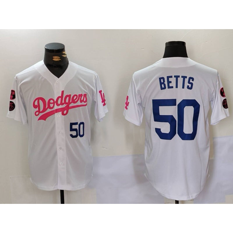 Los Angeles Dodgers #50 Mookie Betts White Pink Vin & Kobe Patch Stitched Baseball Jersey