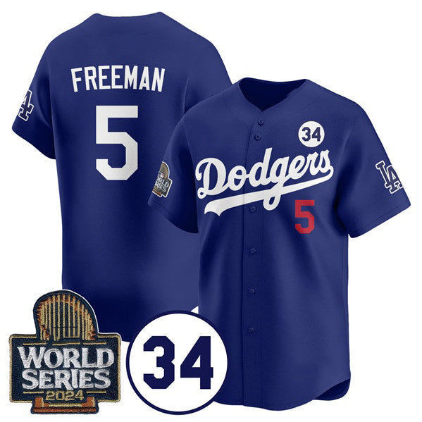 Los Angeles Dodgers #5 Freddie Freeman Royal 2024 World Series With No. 34 Patch Cool Base Stitched Baseball Jersey