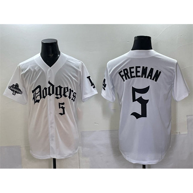 Los Angeles Dodgers #5 Freddie Freeman White 2025 LA Gothic Style With 2024 World Series Champions Patch Vapor Premier Limited Stitched Baseball Jersey