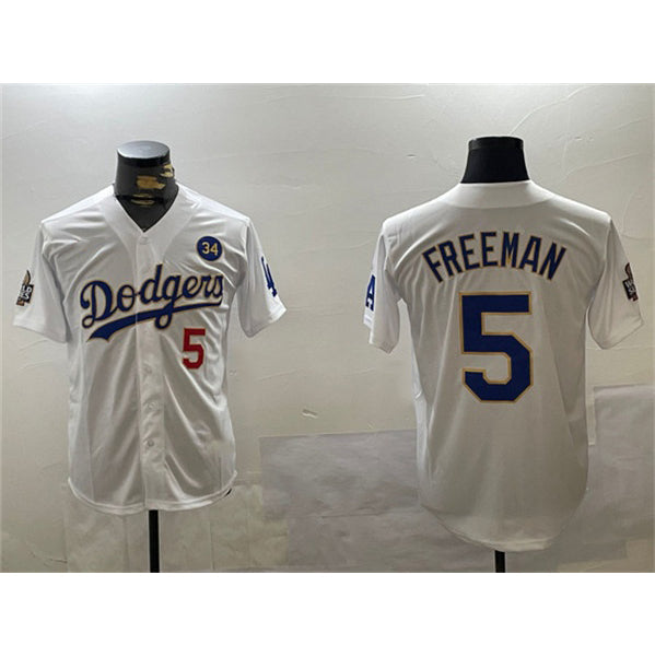 Los Angeles Dodgers #5 Freddie Freeman White Gold 2024 World Series With No. 34 Patch Home Limited Stitched Baseball Jersey