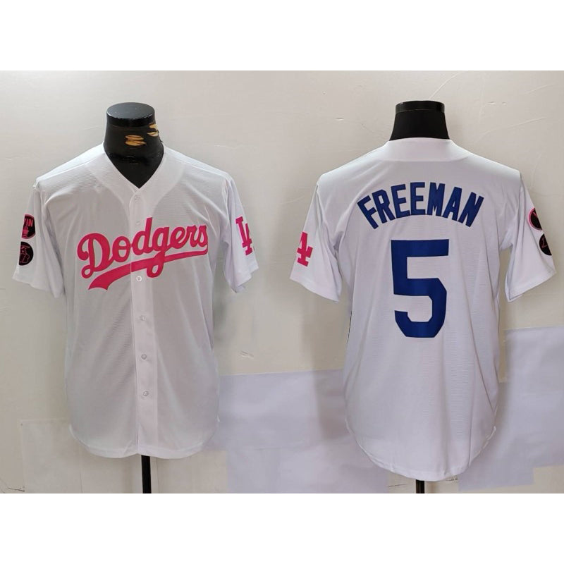 Los Angeles Dodgers #5 Freddie Freeman White Pink Vin & Kobe Patch Stitched Baseball Jersey