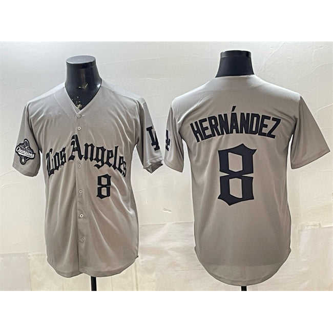 Los Angeles Dodgers #8 Enrique Hernández Grey LA Gothic Style With 2025 World Series Champions Patch Limited Stitched Baseball Jersey