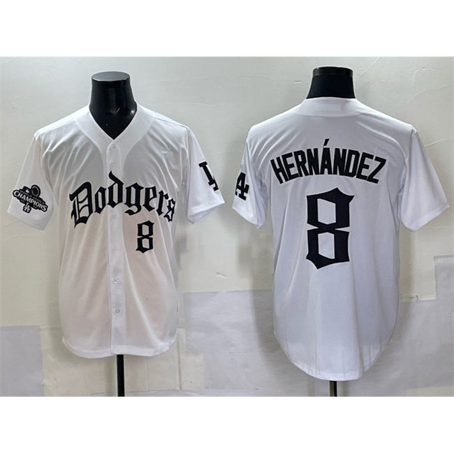 Los Angeles Dodgers #8 Enrique Hernández White 2025 LA Gothic Style With 2024 World Series Champions Patch Vapor Premier Limited Stitched Baseball Jersey