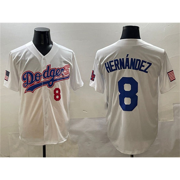 Los Angeles Dodgers #8 Enrique Hernández White With American Flag Patch Limited Stitched Baseball Jersey