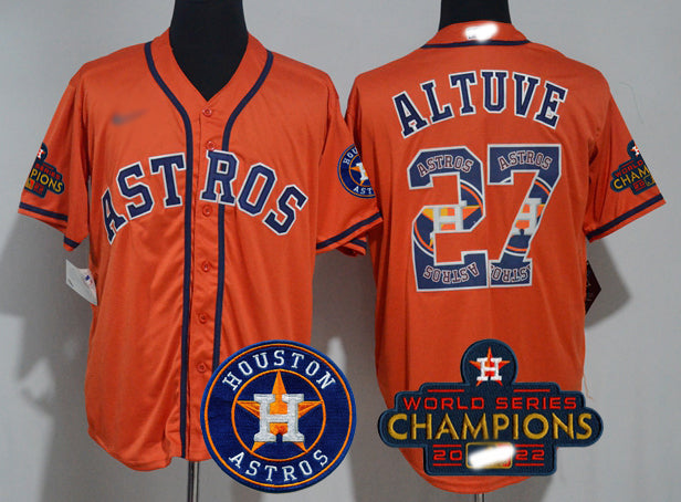 Men's Houston Astros #27 Jose Altuve Orange Team Logo Fashion Stitched 2022 World Series Champions Patch Baseball Jerseys