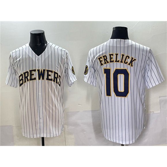 Milwaukee Brewers #10 Sal Frelick White Pinstripe 2025 With Patch Stitched Baseball Jersey