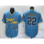 Milwaukee Brewers #22 Christian Yelich Number Blue 2022 City Connect Cool Base Stitched Baseball Jersey