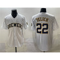 Milwaukee Brewers #22 Christian Yelich White Pinstripe 2025 With Patch Stitched Baseball Jersey