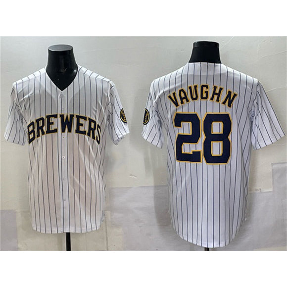 Milwaukee Brewers #28 Andrew Vaughn White Pinstripe 2025 With Patch Stitched Baseball Jersey