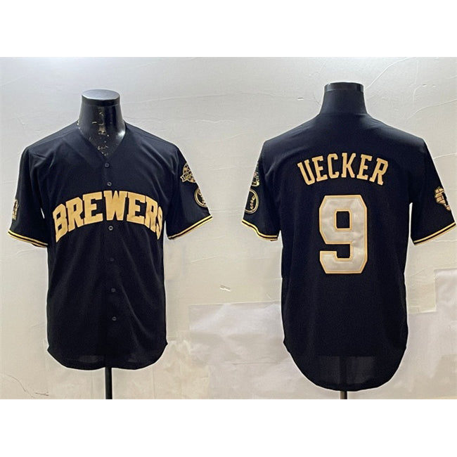Milwaukee Brewers #9 Bob Uecker Black Gold With Home Patch Limited Stitched Baseball Jersey