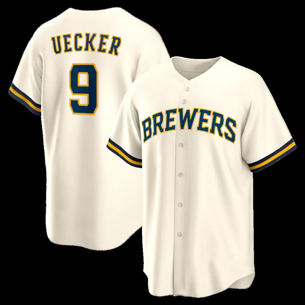 Milwaukee Brewers #9 Bob Uecker Cream Home Retired Player Replica Baseball Jersey