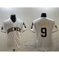 Milwaukee Brewers #9 Bob Uecker White Gold With Home Patch Limited Stitched Baseball Jersey