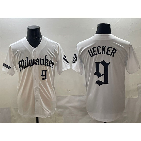 Milwaukee Brewers #9 Bob Uecker White 'Gothic 414 Shadows Edition' Vapor Premier Limited Stitched Baseball Jersey