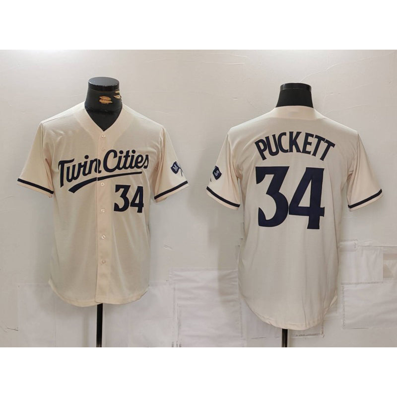 Minnesota Twins #34 Kirby Puckett Number Cream Cool Base Stitched Baseball Jersey