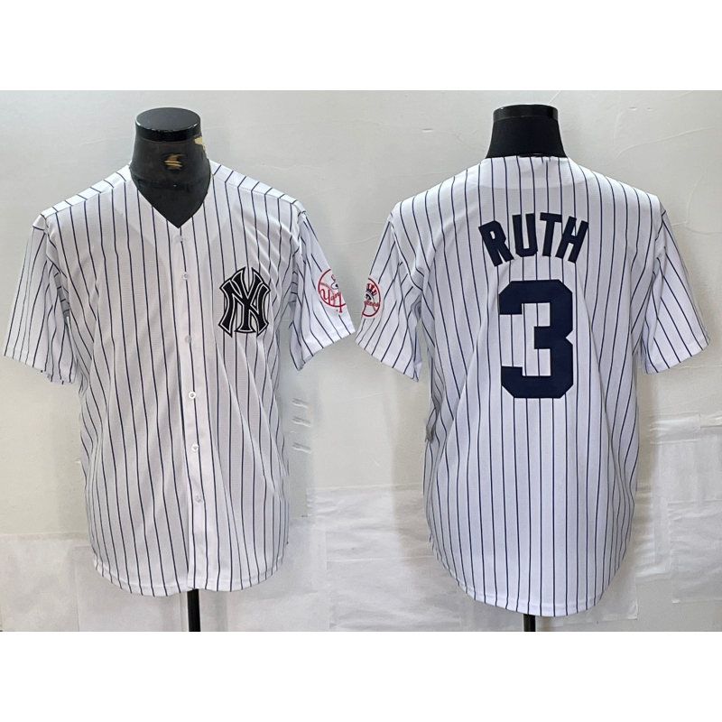 New York Yankees #3 Babe Ruth Name White With Patch 2024 Cool Base Stitched Baseball Jersey