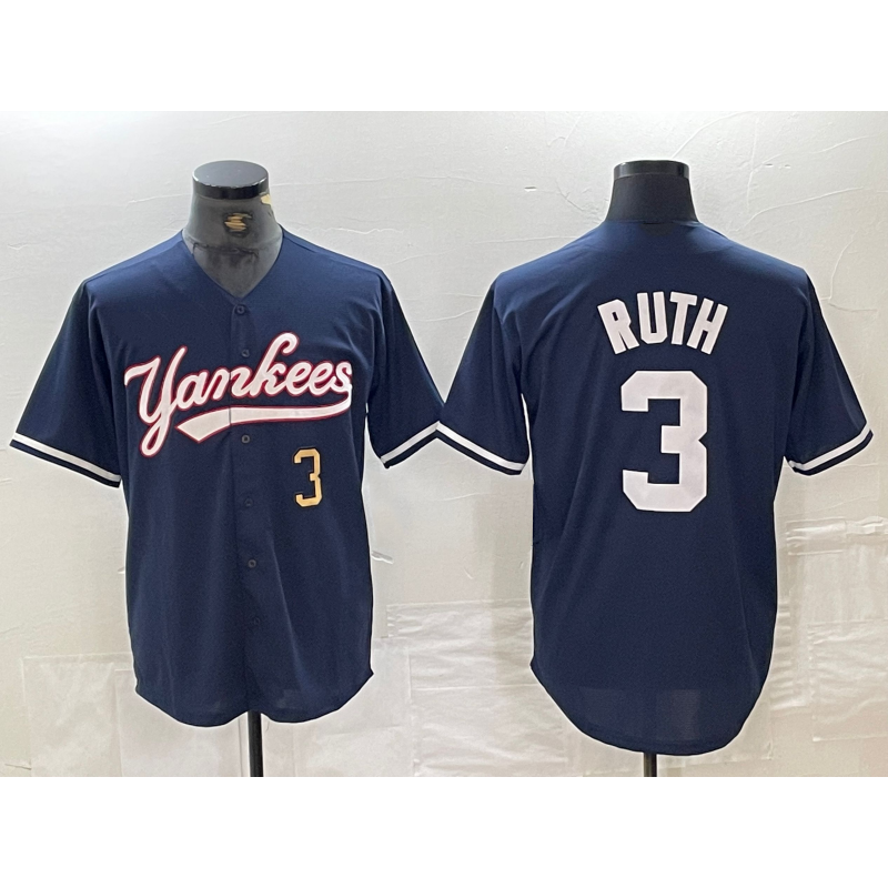New York Yankees #3 Babe Ruth Number Navy Cool Base Stitched Baseball Jersey
