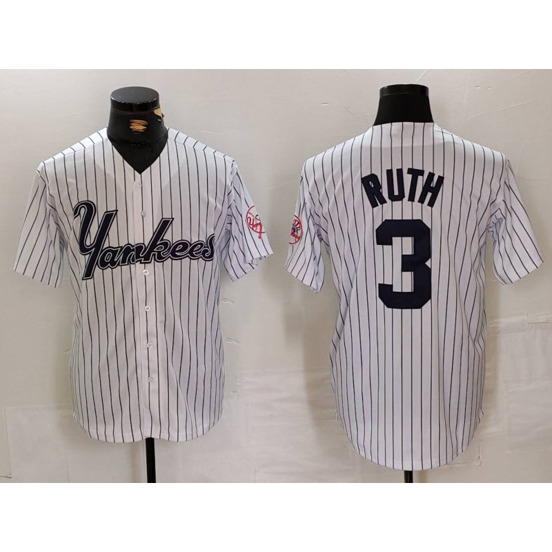 New York Yankees #3 Babe Ruth White Pinstripe Fashion Cool Baseball Jersey