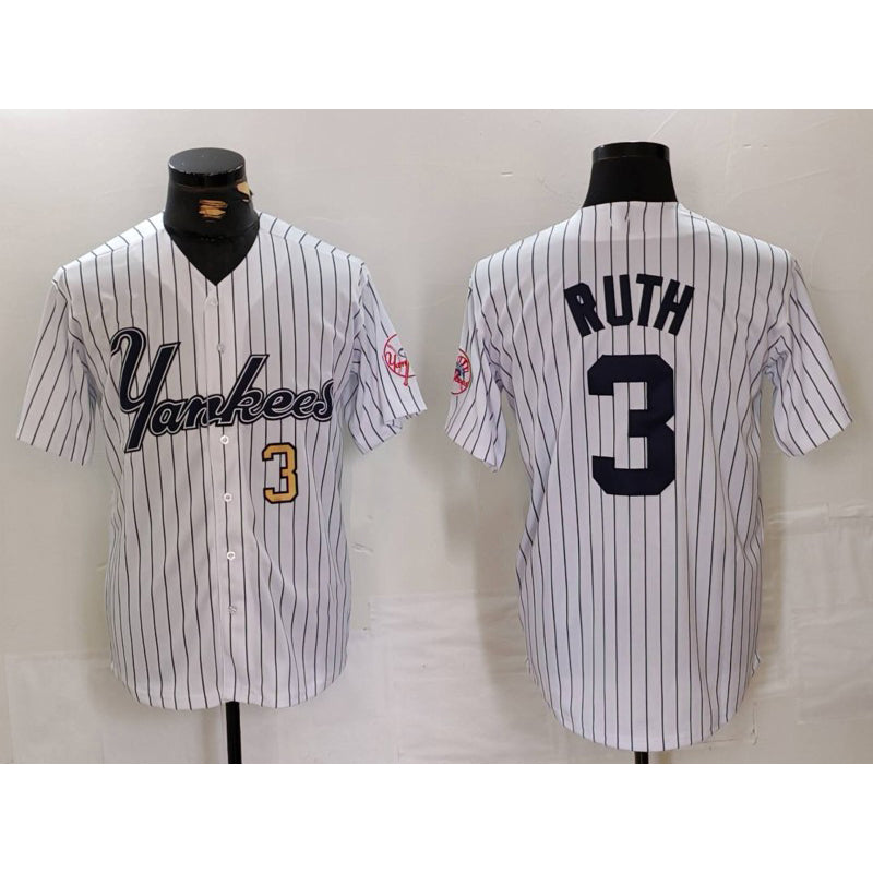 New York Yankees #3 Babe Ruth White Pinstripe Fashion Cool Baseball Jersey