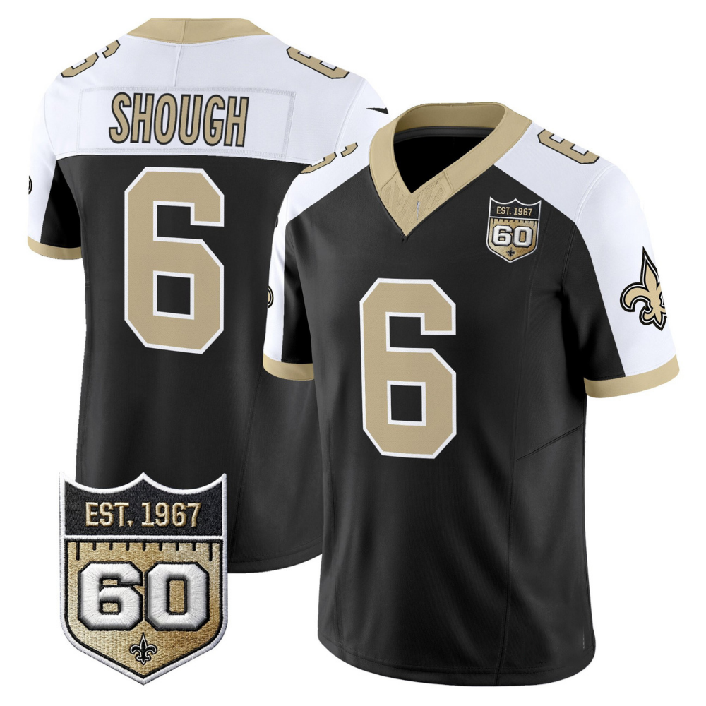 New Orleans Saints #6 Tyler Shough Black Alternate Gameday Golds 60th Anniversary Patch Vapor Football Stitched Jersey