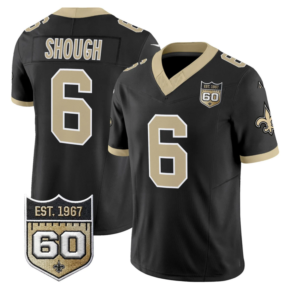 New Orleans Saints #6 Tyler Shough Black Gameday Golds 60th Anniversary Patch Vapor Football Stitched Jersey