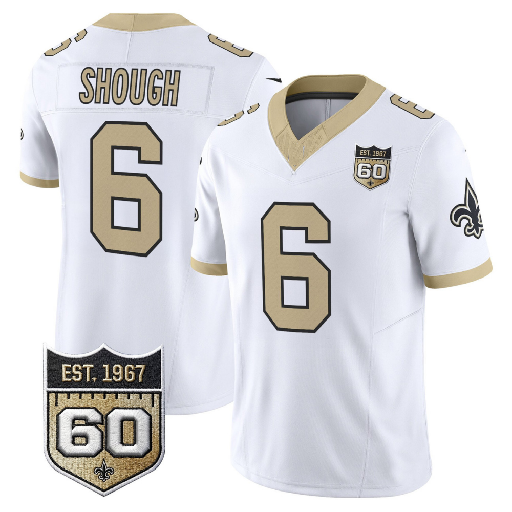 New Orleans Saints #6 Tyler Shough White 60th Anniversary Patch Gameday Golds Vapor Football Stitched Jersey