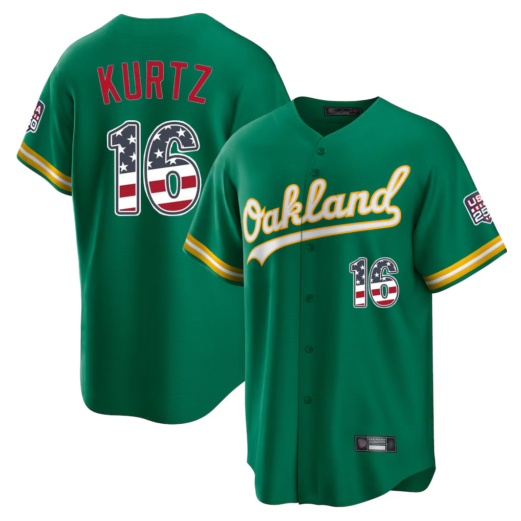 Oakland Athletics #16 Nick Kurtz Player Kelly Green USA 250 Fourth of July Home Game Stitched Baseball Jersey
