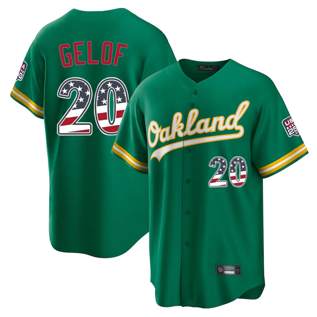 Oakland Athletics #20 Zack Gelof Player Kelly Green USA 250 Fourth of July Home Game Stitched Baseball Jersey