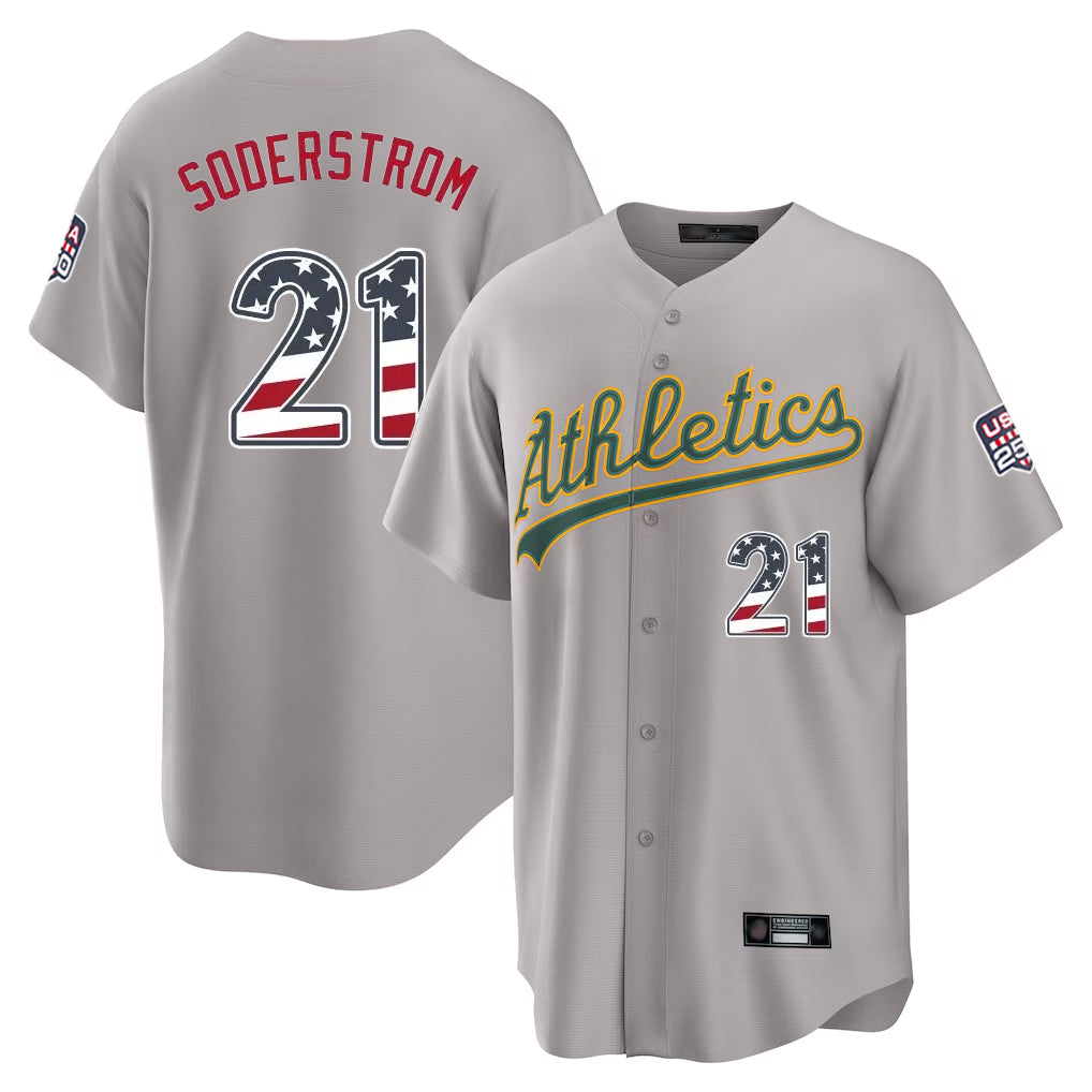 Oakland Athletics #21 Tyler Soderstrom Player Gray USA 250 Fourth of July Home Game Stitched Baseball Jersey