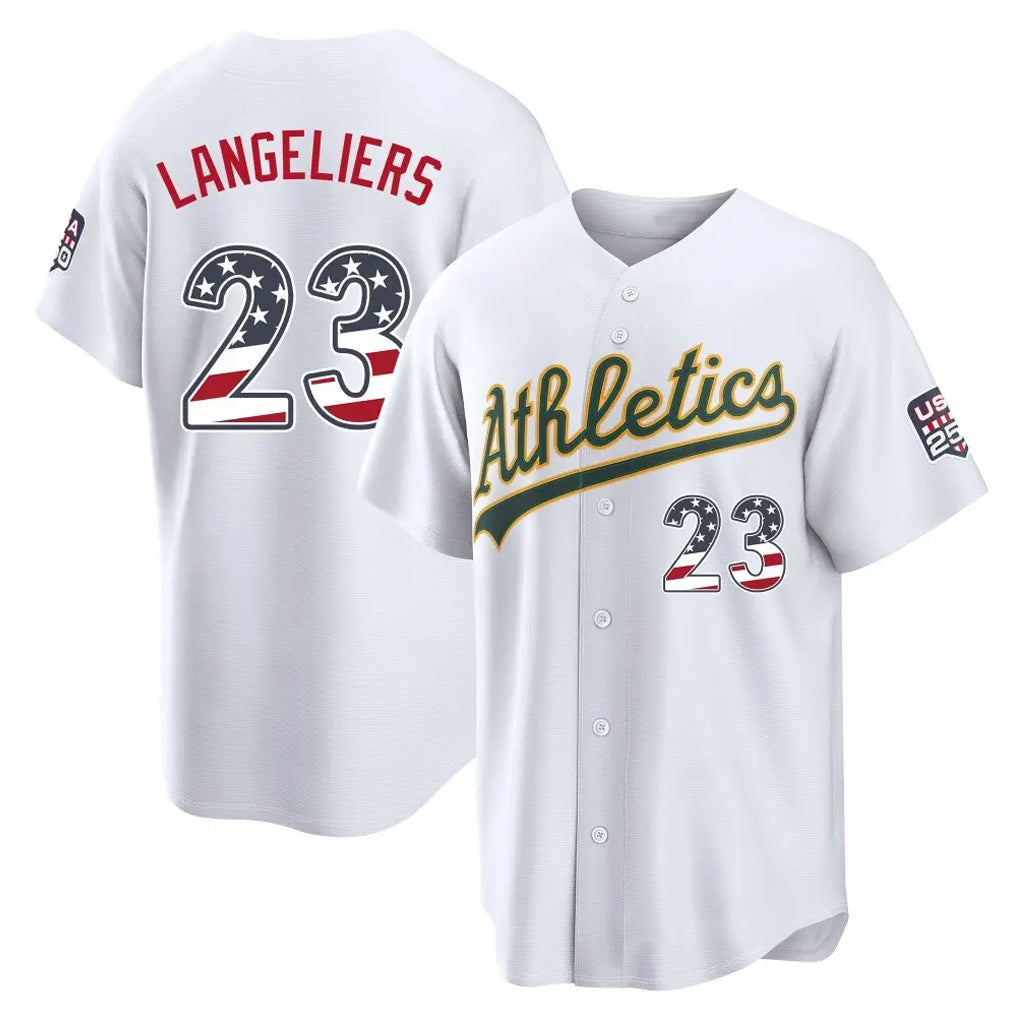Oakland Athletics #23 Shea Langeliers Player White USA 250 Fourth of July Home Game Stitched Baseball Jersey