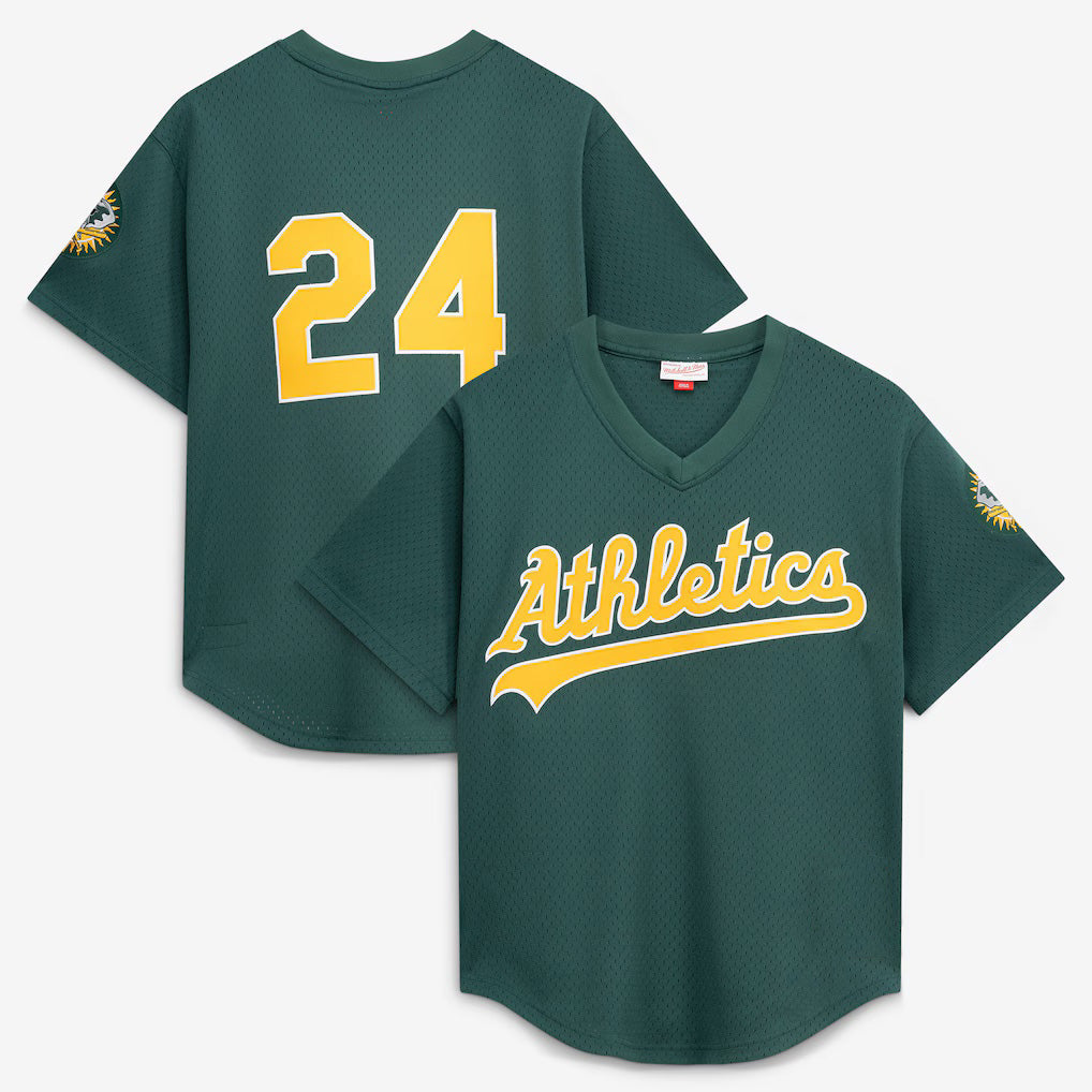 Oakland Athletics #24 Rickey Henderson Mitchell & Ness Green Authentic Batting Practice Baseball Jersey