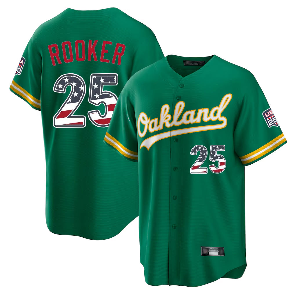Oakland Athletics #25 Brent Rooker Player Kelly Green USA 250 Fourth of July Home Game Stitched Baseball Jersey