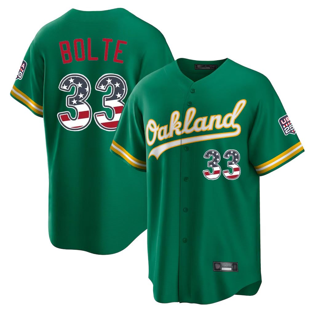 Oakland Athletics #33 Henry Bolte Player Kelly Green USA 250 Fourth of July Home Game Stitched Baseball Jersey
