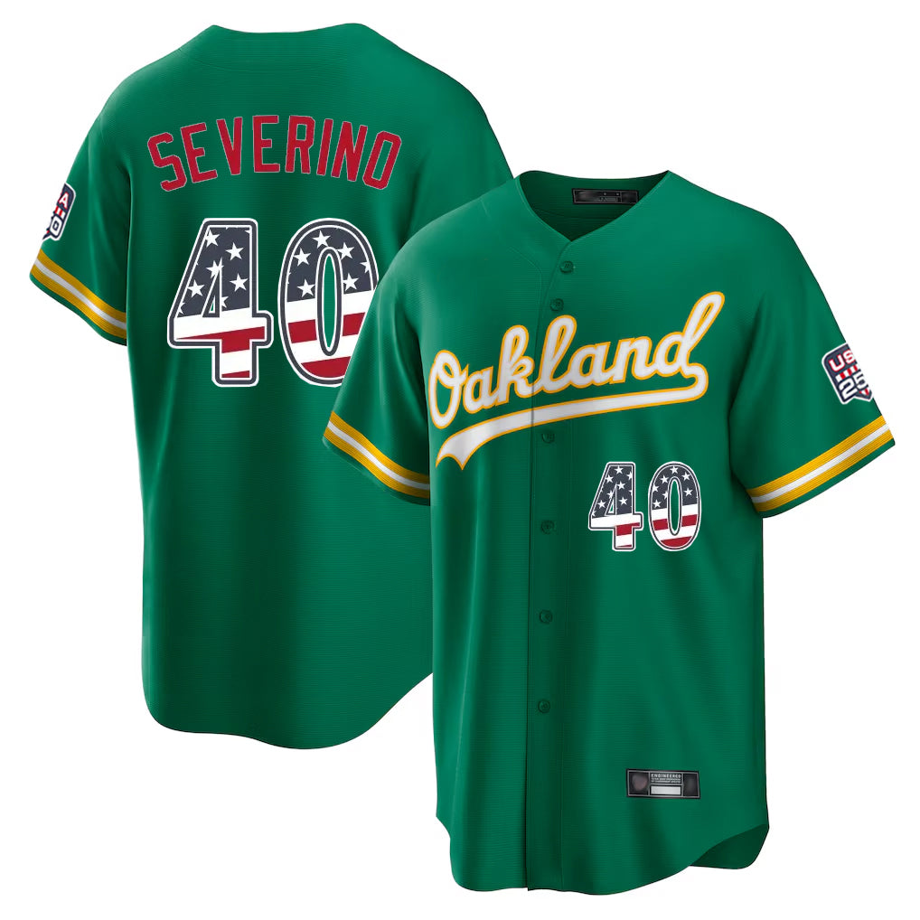 Oakland Athletics #40 Luis Severino Player Kelly Green USA 250 Fourth of July Home Game Stitched Baseball Jersey