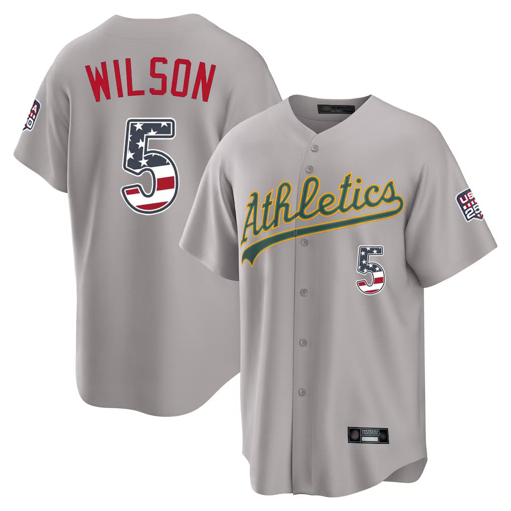 Oakland Athletics #5 Jacob Wilson Player Gray USA 250 Fourth of July Home Game Stitched Baseball Jersey