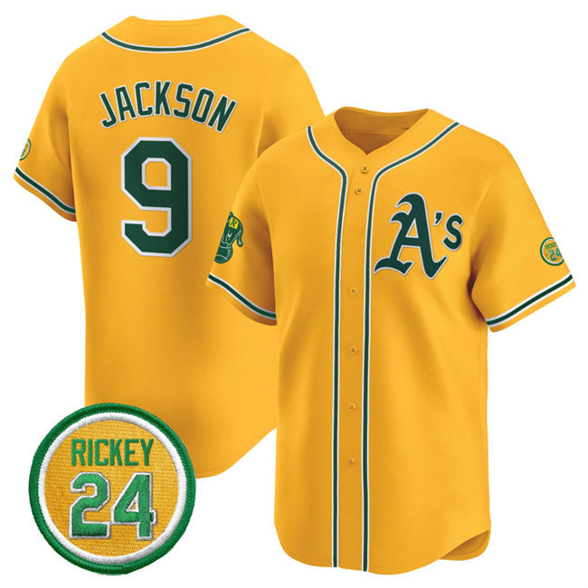 Oakland Athletics #9 Reggie Jackson Yellow 2024 Limited With Rickey Henderson Patch Stitched Baseball Jersey