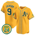 Oakland Athletics #9 Reggie Jackson Yellow 2024 Limited With Rickey Henderson Patch Stitched Baseball Jersey