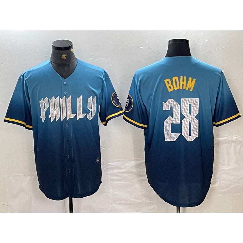 Philadelphia Phillies #28 Alec Bohm Blue 2024 City Player Number Cool Base Stitched Baseball Jersey