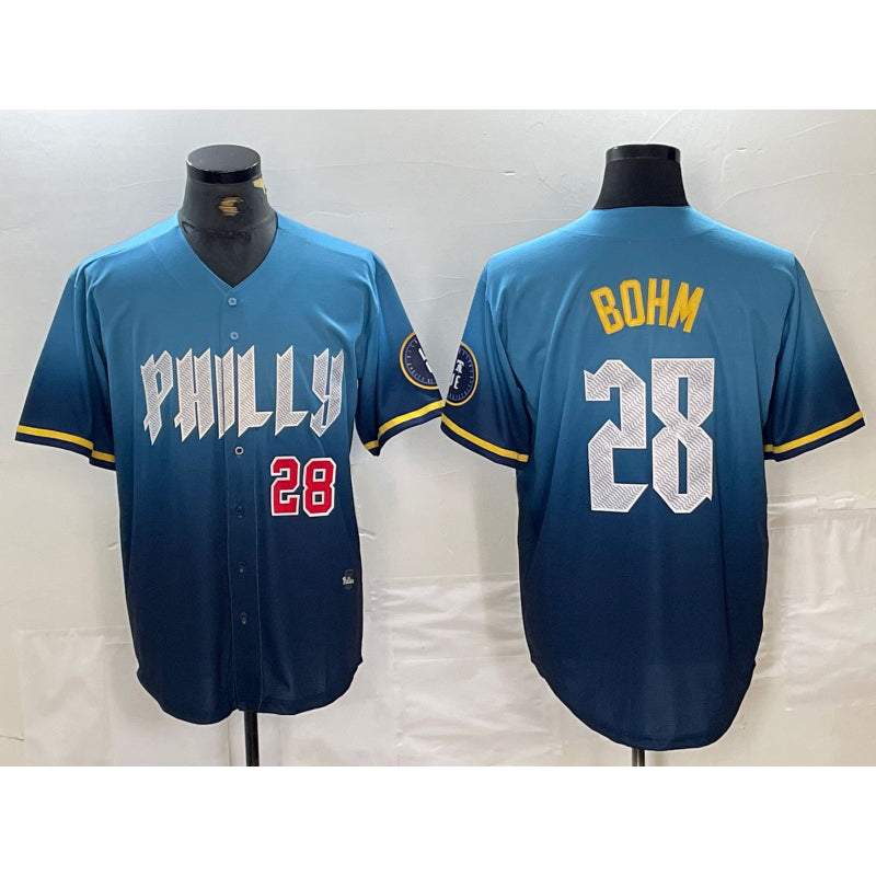 Philadelphia Phillies #28 Alec Bohm Blue 2024 City Player Number Cool Base Stitched Baseball Jersey