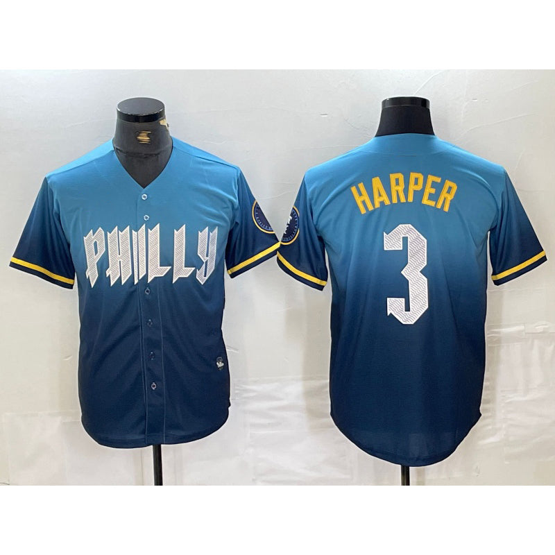 Philadelphia Phillies #3 Bryce Harper Blue 2024 City Connect Limited Stitched Baseball Jersey