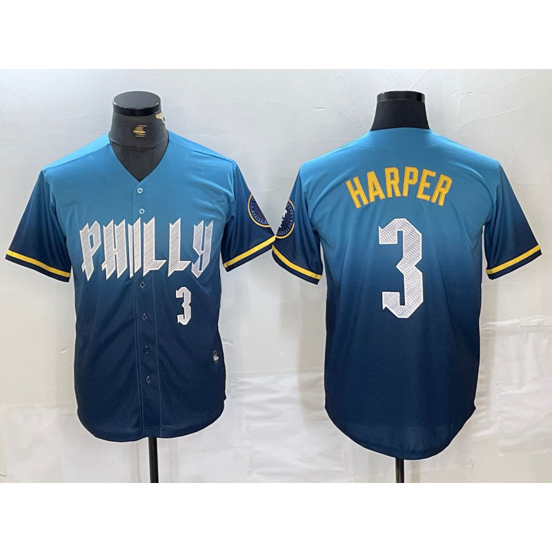 Philadelphia Phillies #3 Bryce Harper Number Blue 2024 City Connect Limited Stitched Baseball Jersey