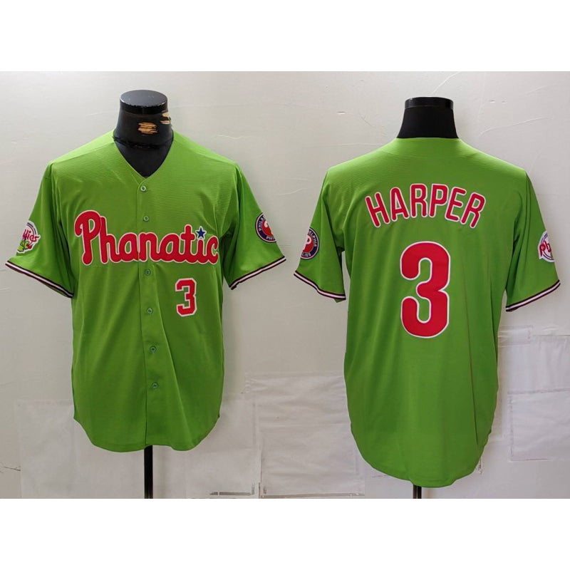 Philadelphia Phillies #3 Bryce Harper Number Green With Patch Stitched Cool Baseball Jersey
