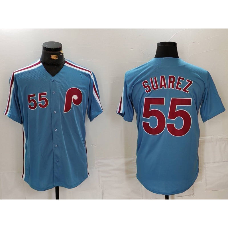 Philadelphia Phillies #55 Ranger Suarez Number Light Blue Cooperstown Cool Baseball Jersey