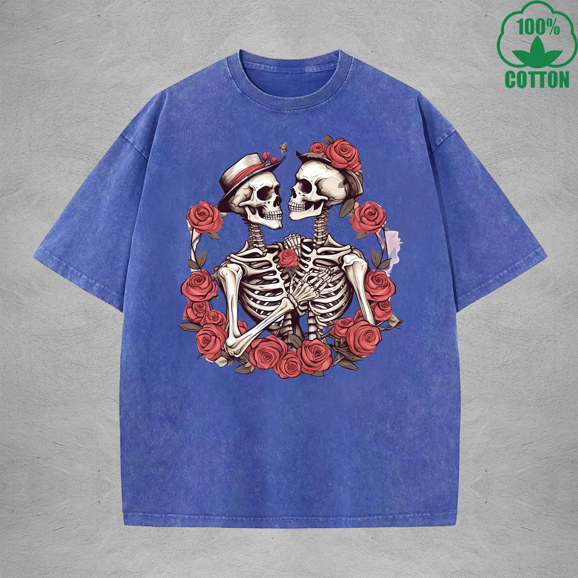 Romantic Skeleton Interesting Printed Washed T-Shirt 230G Multicolor Loose Trendy Fashionable Cotton Short Sleeve Top