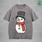 Christmas Snowman Interest Printed Washed T-Shirt 230G Multicolor Loose Trendy Fashionable 100%Cotton Short Sleeve Top