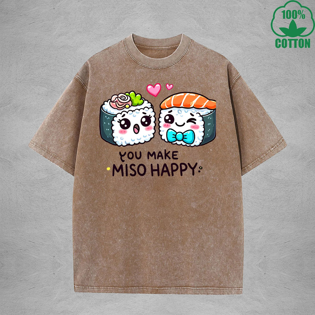 You Make Miso HappyInterest Printed Washed T-Shirt 230G Loose Trendy Fashionable 100%Cotton Short Sleeve Top