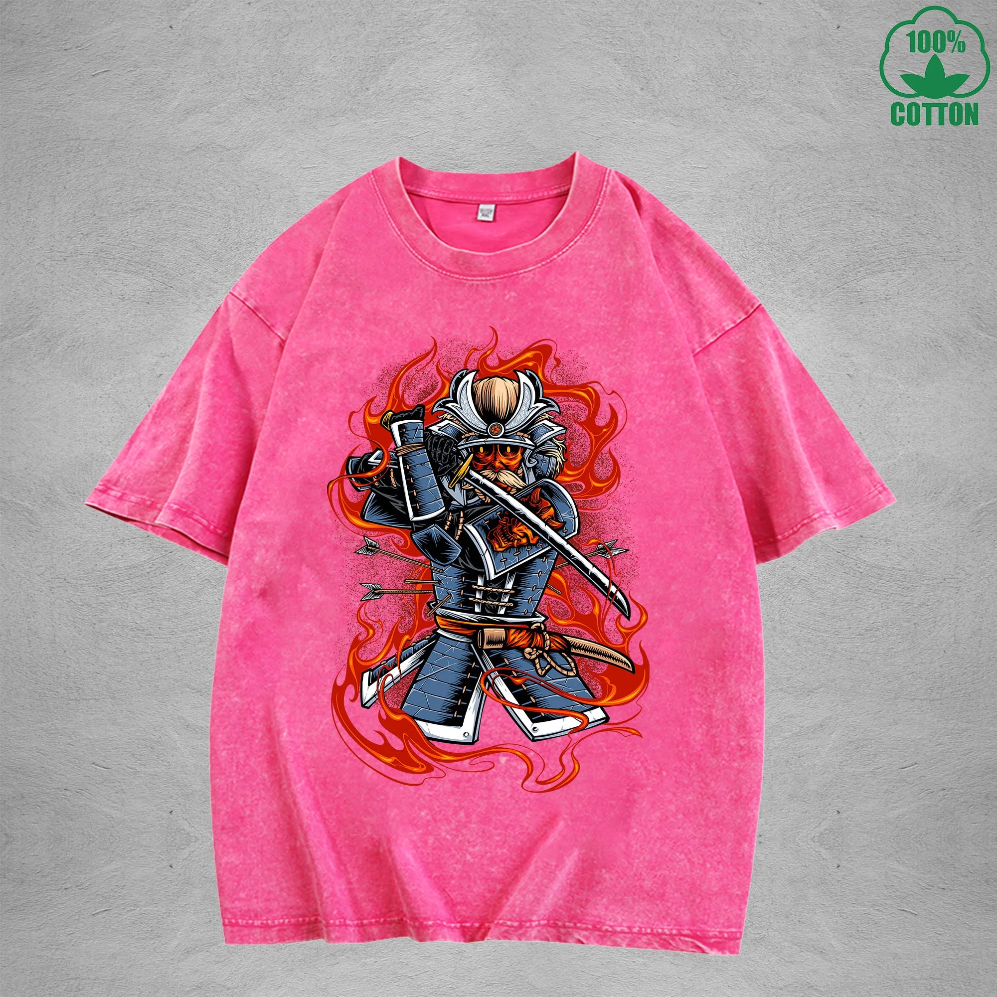 Ghost Samurai Interest Printed Washed T-Shirt 230G Multicolor Loose Trendy Fashionable Cotton Short Sleeve Top
