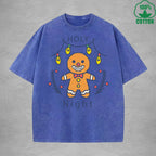 Cute Gingerbread Interest Printed Washed T-Shirt 230G Multicolor Loose Trendy Fashionable 100%Cotton Short Sleeve Top