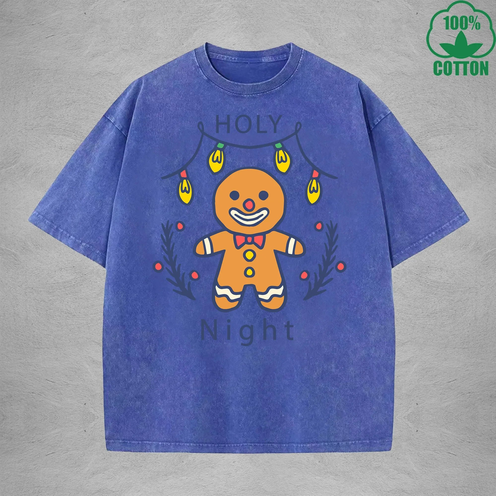 Cute Gingerbread Interest Printed Washed T-Shirt 230G Multicolor Loose Trendy Fashionable 100%Cotton Short Sleeve Top