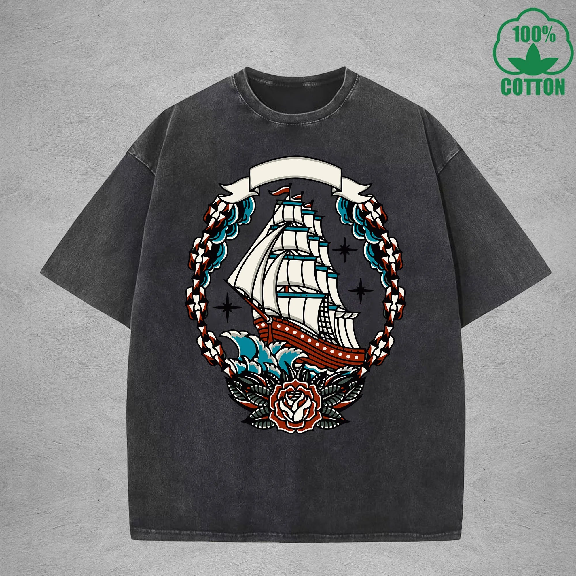 Naval AdventureInterest Printed Washed T-Shirt 230G Multicolor Loose Trendy Fashionable 100%Cotton Short Sleeve Top