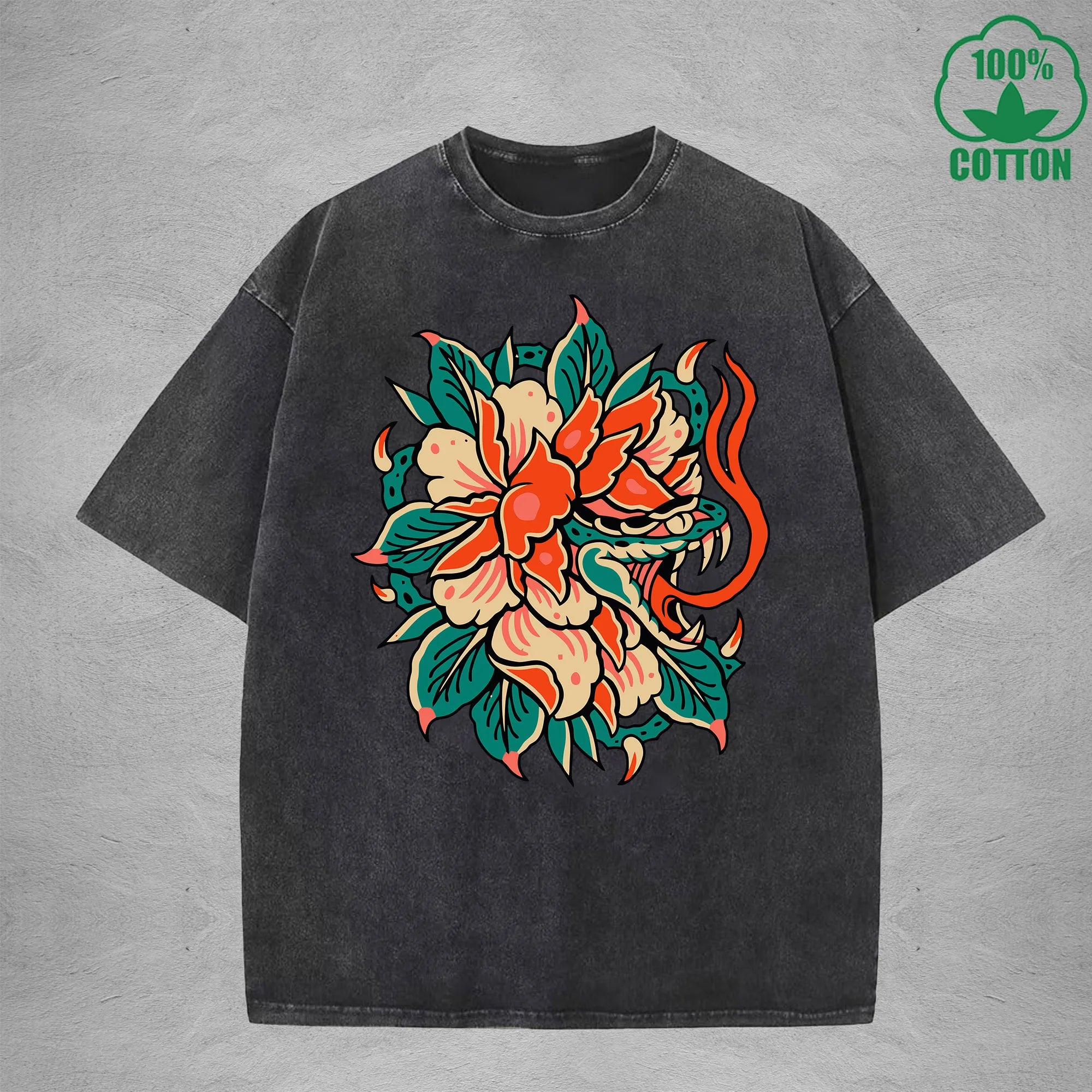 Deadly FlowerInterest Printed Washed T-Shirt 230G Multicolor Loose Trendy Fashionable 100%Cotton Short Sleeve Top